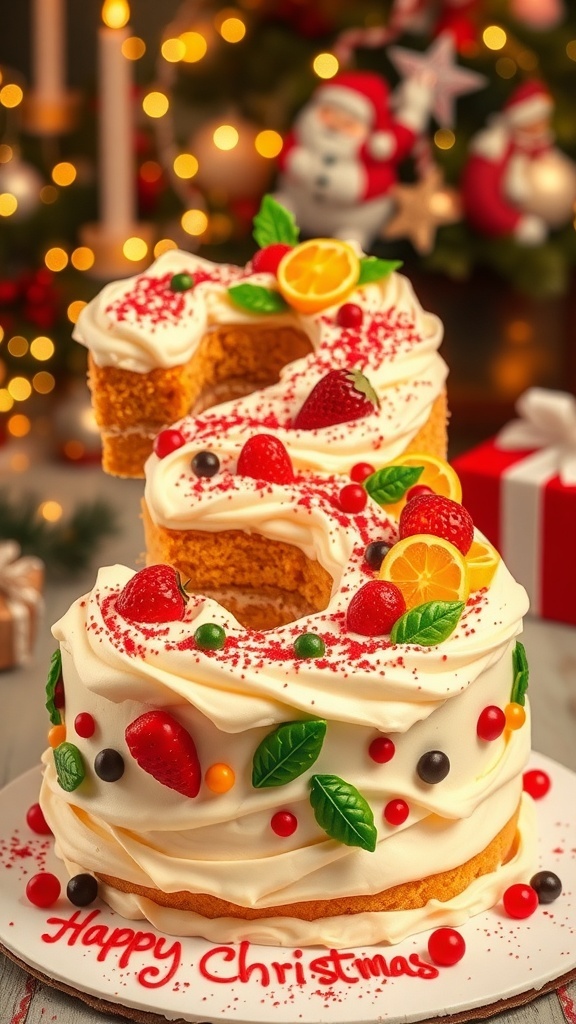 A festive Christmas number cake decorated with fruits and candies, set in a holiday-themed backdrop.